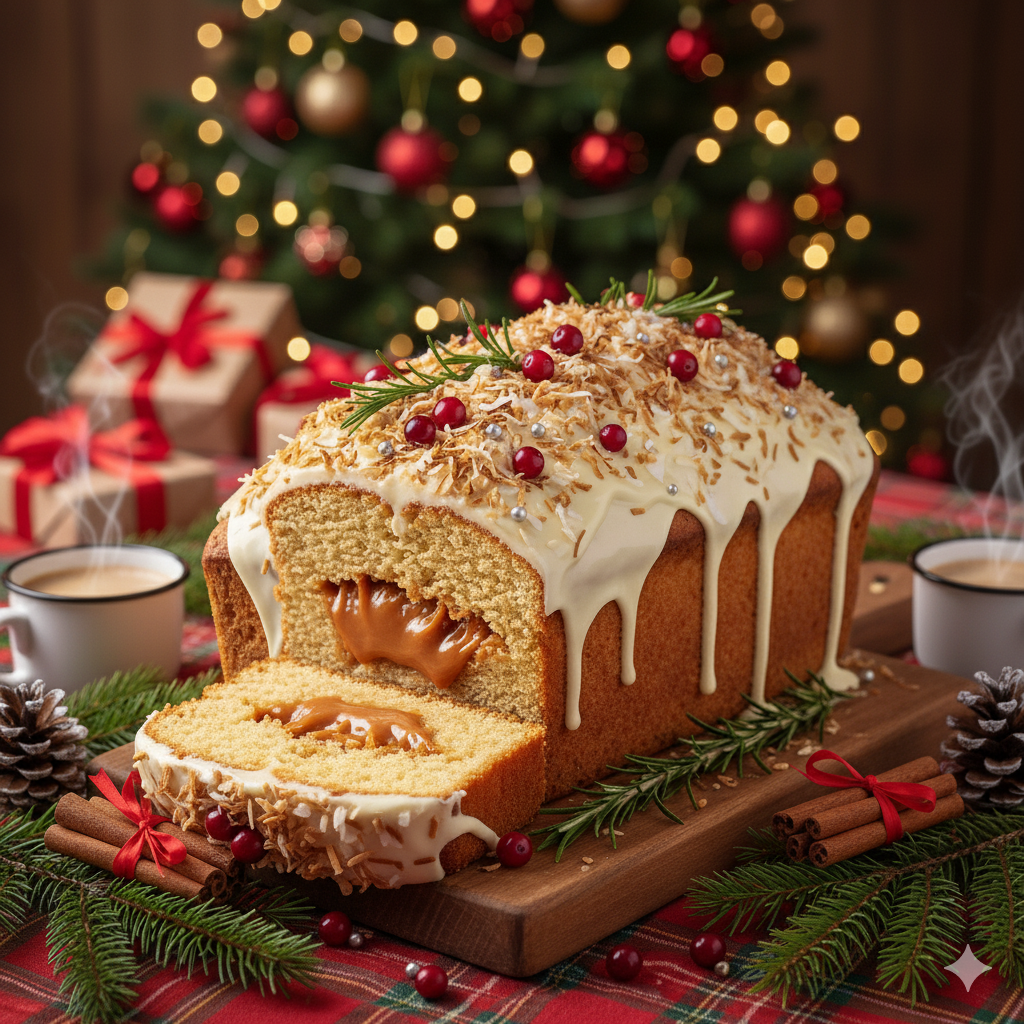 Coco Bizcocho de coco recién hecho, cubierto de coco rallado y corte jugoso