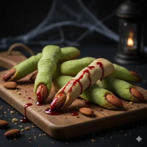 Galletas dedos de bruja de Halloween con almendra y mermelada de fresa