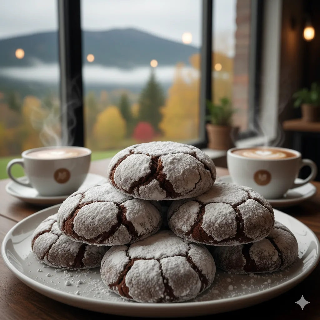 Primer plano de Chocolate Crinkles con efecto nieve en una taza de café en una cafetería acogedora.