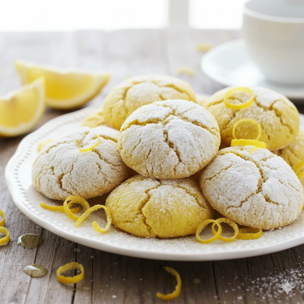 Primer plano de Lemon Crinkles con el clásico efecto agrietado y azúcar glass.