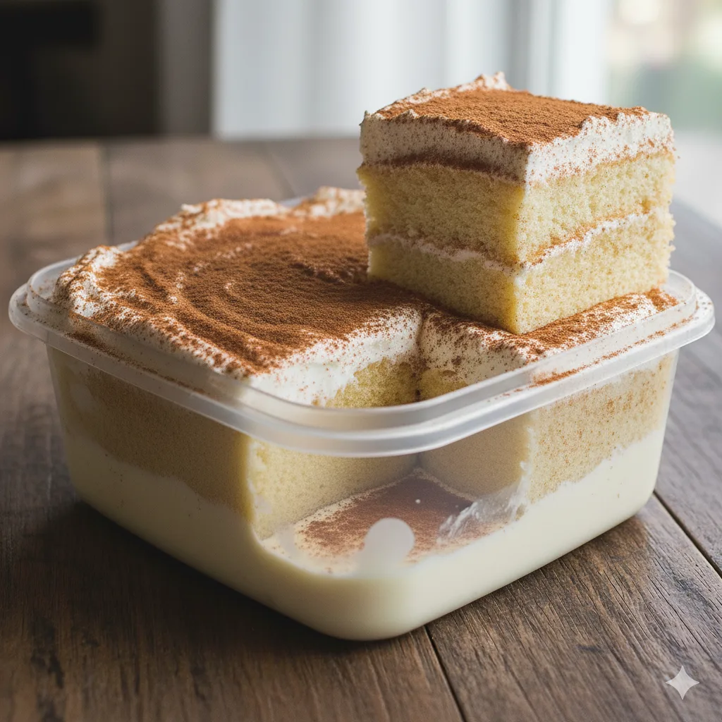 Primer plano de una porción de Tarta Tres Leches con merengue y líquido visible.